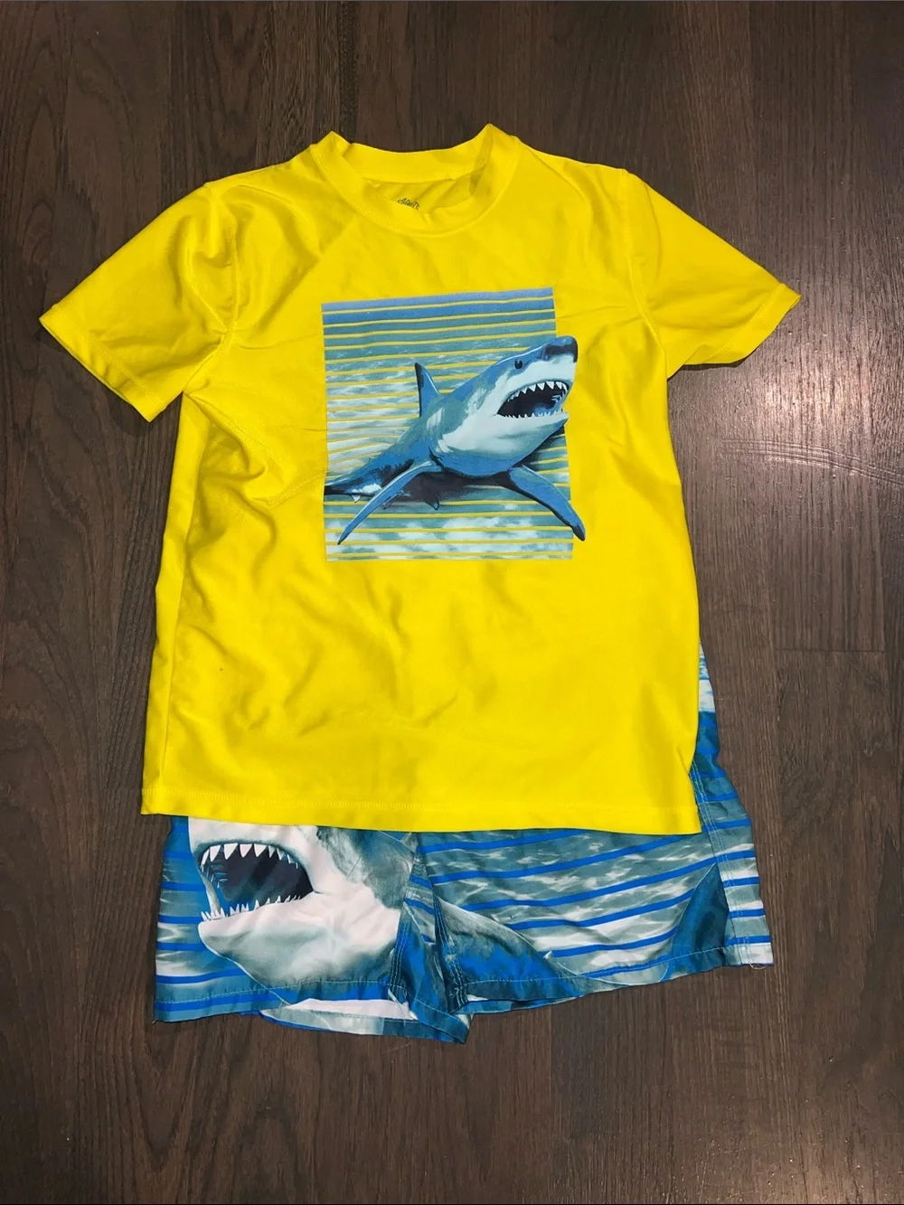 Yellow Shark Graphic Tee & Blue Shark Swim Shorts Set Size M-10-12